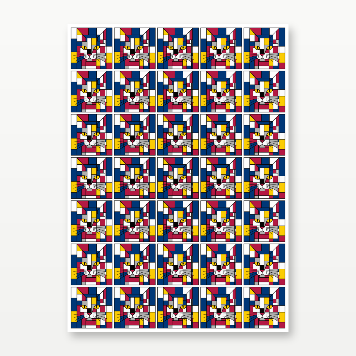A sheet of 35 identical square stickers featuring a colorful geometric pattern inspired by Piet Mondrian, with red, blue, yellow, and white blocks separated by thin black lines, set against a light gray background.