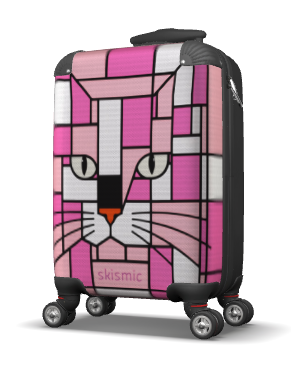 A hard-shell spinner suitcase with a pink and white stained-glass style cat face design, featuring the brand name 'skismic' near the bottom, shown on a white background.