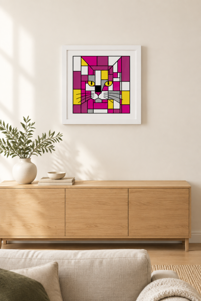 framed cat face print pink candy yellow white framed
