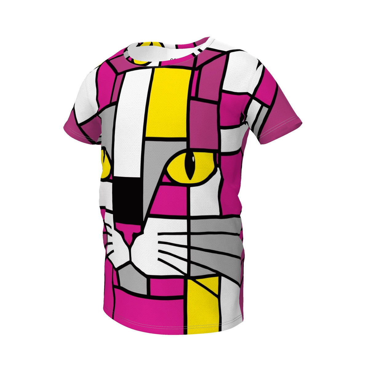 A short-sleeve crewneck t-shirt featuring a colorful geometric cat face design in a stained-glass art style, with pink, yellow, white, gray, and black blocks.