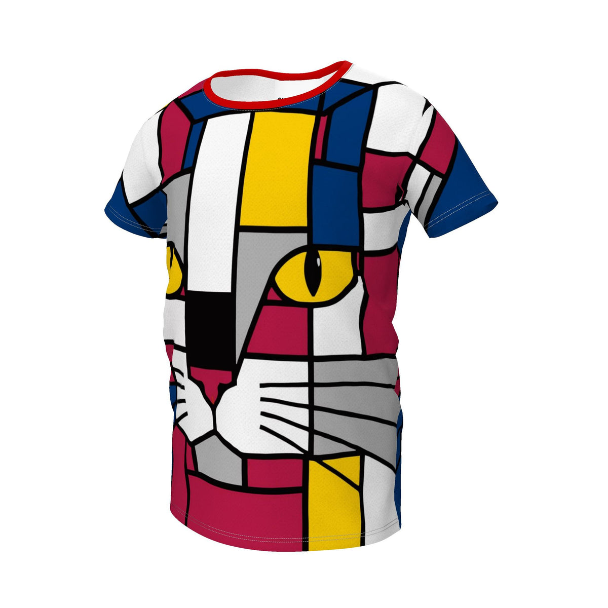 A short-sleeve girls t shirt featuring a colorful geometric cat face design in a Piet Mondrian-inspired style, shown against a plain white background.
