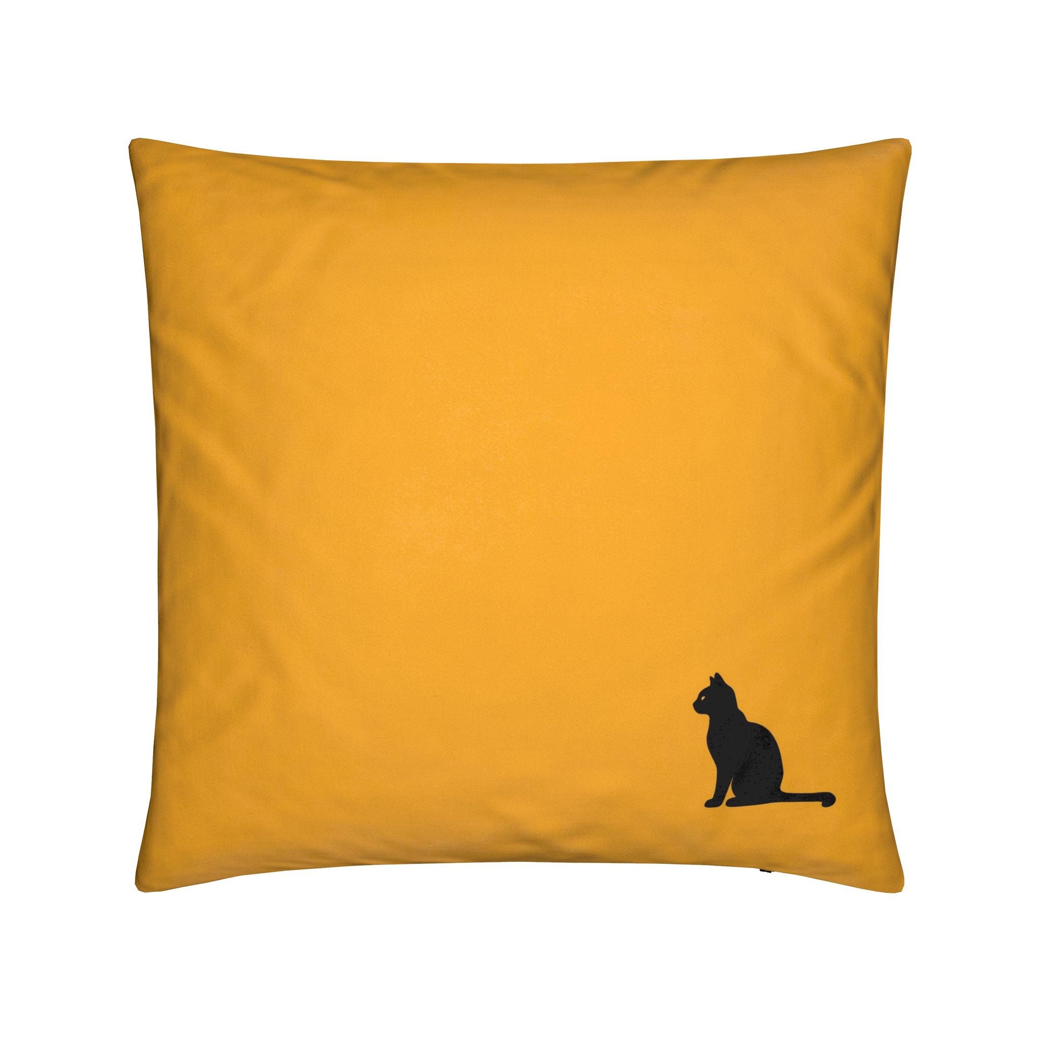 A square amber gold yellow throw pillow featuring a small black silhouette of a sitting cat in the bottom right corner, set against a plain white background.