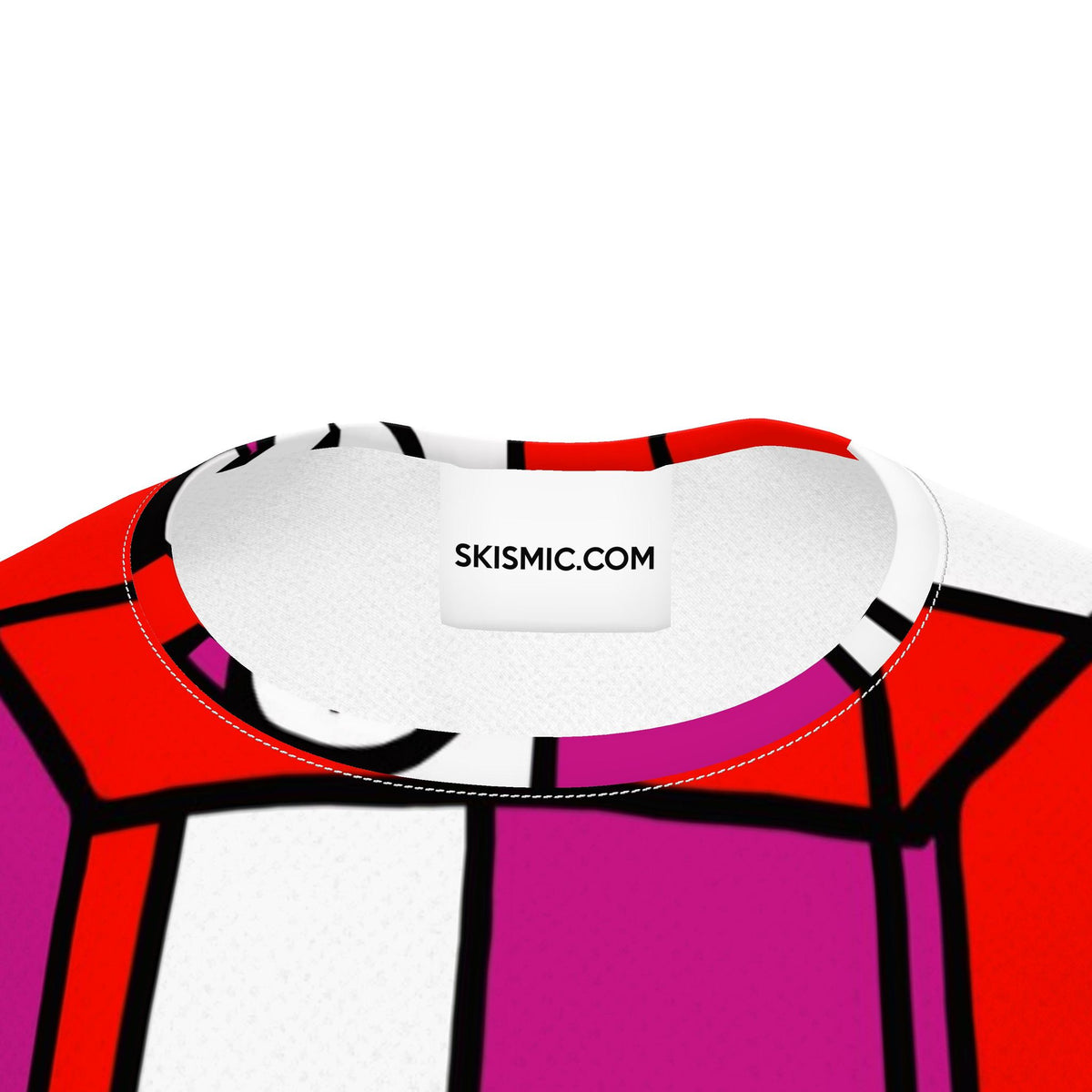 Close-up of the inside neck of a crewneck sweatshirt featuring a bold pop-art geometric pattern in red, magenta, white, and black, with a white neck label reading SKISMIC.COM.
