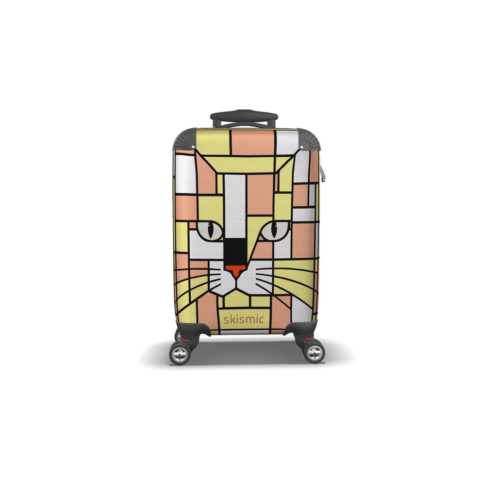A hard-shell suitcase with a colorful pastel yellow and gold geometric cat face design, featuring four spinner wheels and a telescoping handle, shown on a plain white background.