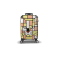 A hard-shell suitcase with a colorful pastel yellow and gold geometric cat face design, featuring four spinner wheels and a telescoping handle, shown on a plain white background.