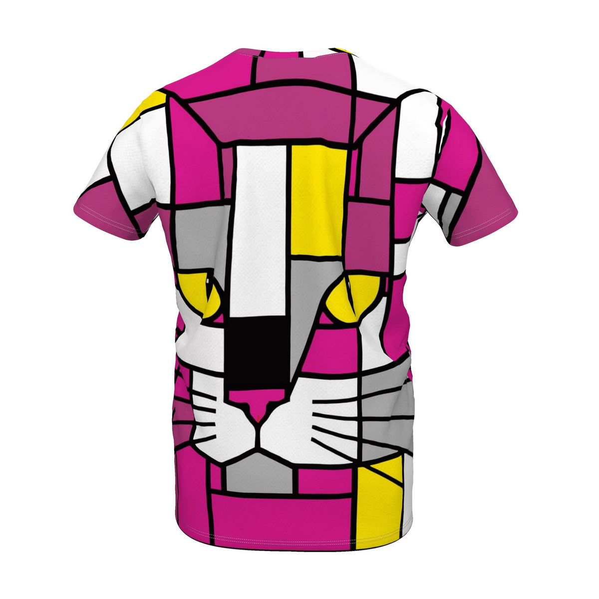 A short-sleeve crewneck t-shirt featuring a bold, geometric animal face design in a stained-glass style. The design uses magenta pink, white, yellow, gray, and black blocks, with the eyes and nose area highlighted in bright yellow.