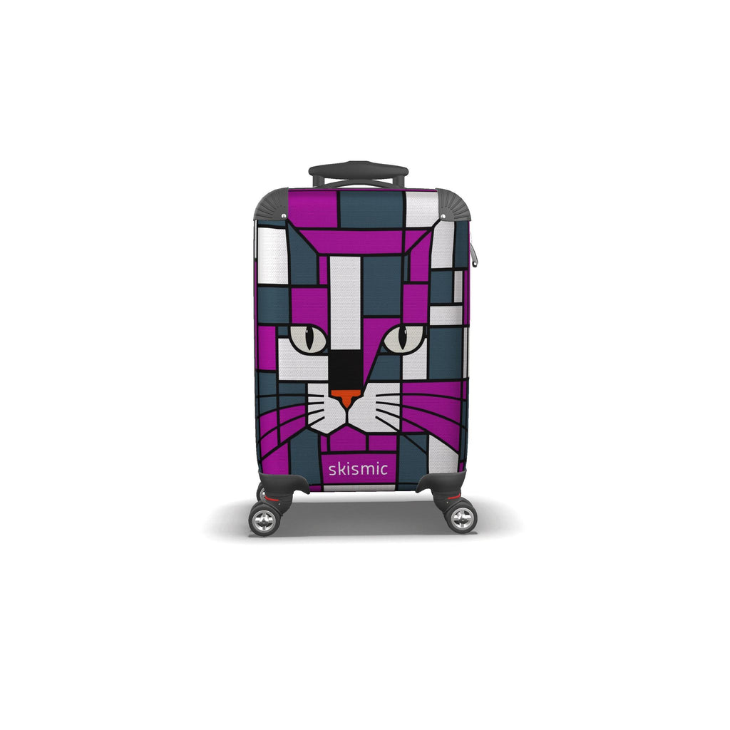 A hard-shell kids carry-on suitcase with a geometric cat face design in purple, gray, white, and black, featuring a small orange nose, shown on a plain white background.