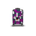 A hard-shell kids carry-on suitcase with a geometric cat face design in purple, gray, white, and black, featuring a small orange nose, shown on a plain white background.