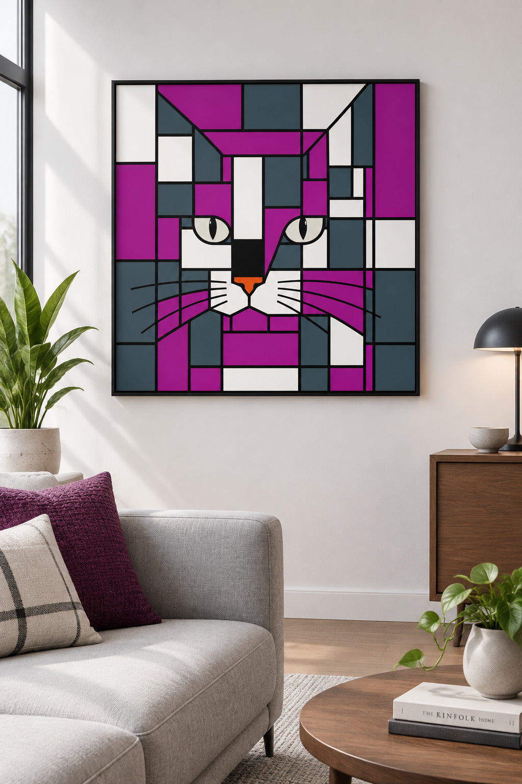 A framed geometric cat art print hangs on a white wall above a light beige sofa in a modern living room. The print features a stylized cat face made of purple, magenta, white, and dark gray blocks.