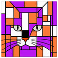 A stylized geometric cat face artwork made of purple, orange, white, and black blocks, resembling stained-glass panels. The cat has white paws and paws with black whiskers, gray-green eyes, and an orange nose.