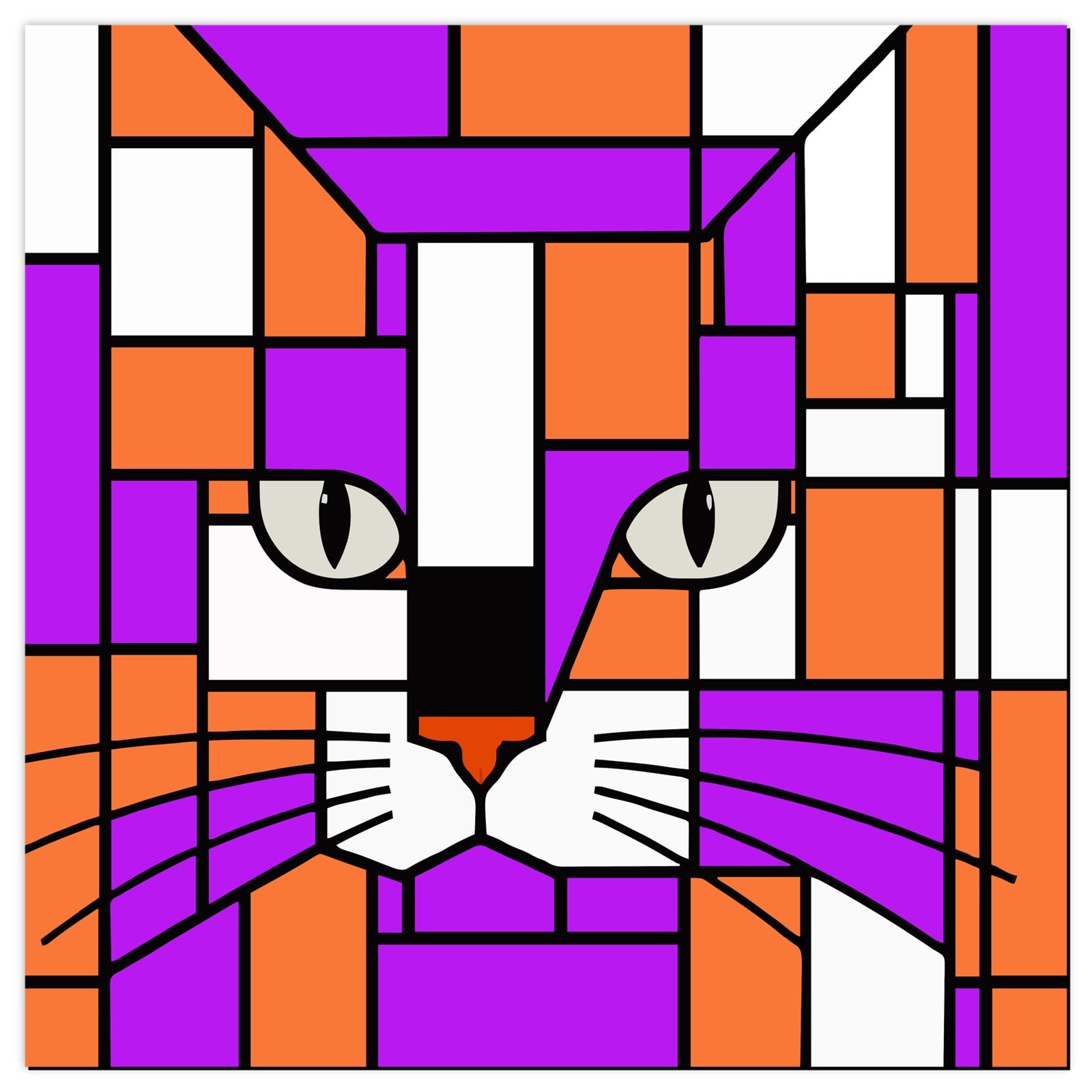 A stylized geometric cat face artwork made of purple, orange, white, and black blocks, resembling stained-glass panels. The cat has white paws and paws with black whiskers, gray-green eyes, and an orange nose.