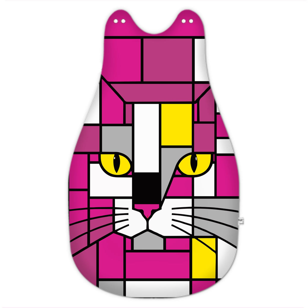 A cat-shaped baby pouch featuring a colourful geometric cat face design in pink, magenta, yellow, gray, black, and white on a plain white background.