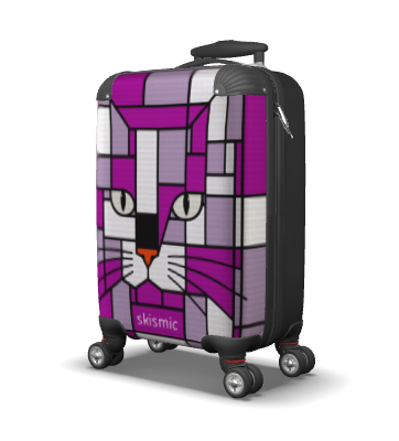 A hard-shell spinner suitcase with a geometric cat face design in purple, lavender, white, and gray, featuring the brand name 'skismic' near the bottom.
