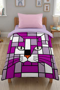 A square duvet cover featuring a stylized cat face in a stained-glass mosaic pattern. The design uses shades of purple, magenta, lavender, white, black, and a small orange accent on the nose.