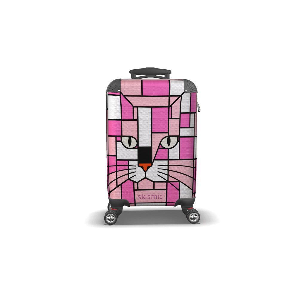 A hard-shell spinner suitcase featuring a pink and white geometric cat face design, shown on a plain white background.