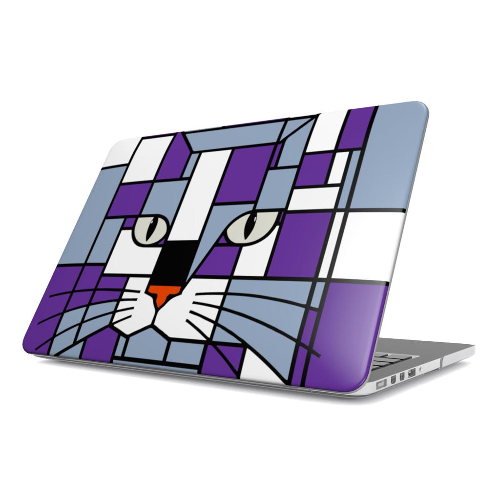 Purple, silver, grey and blue cat face MacBook protective case shown from the front angle.