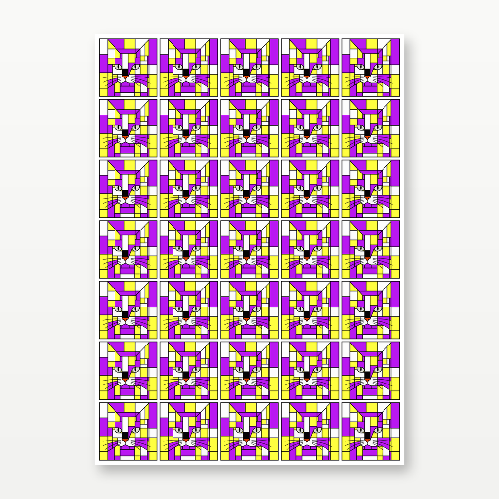 35 cat stickers a repeating geometric pattern of cat faces in black, white, yellow, and purple, shown against a light gray background.