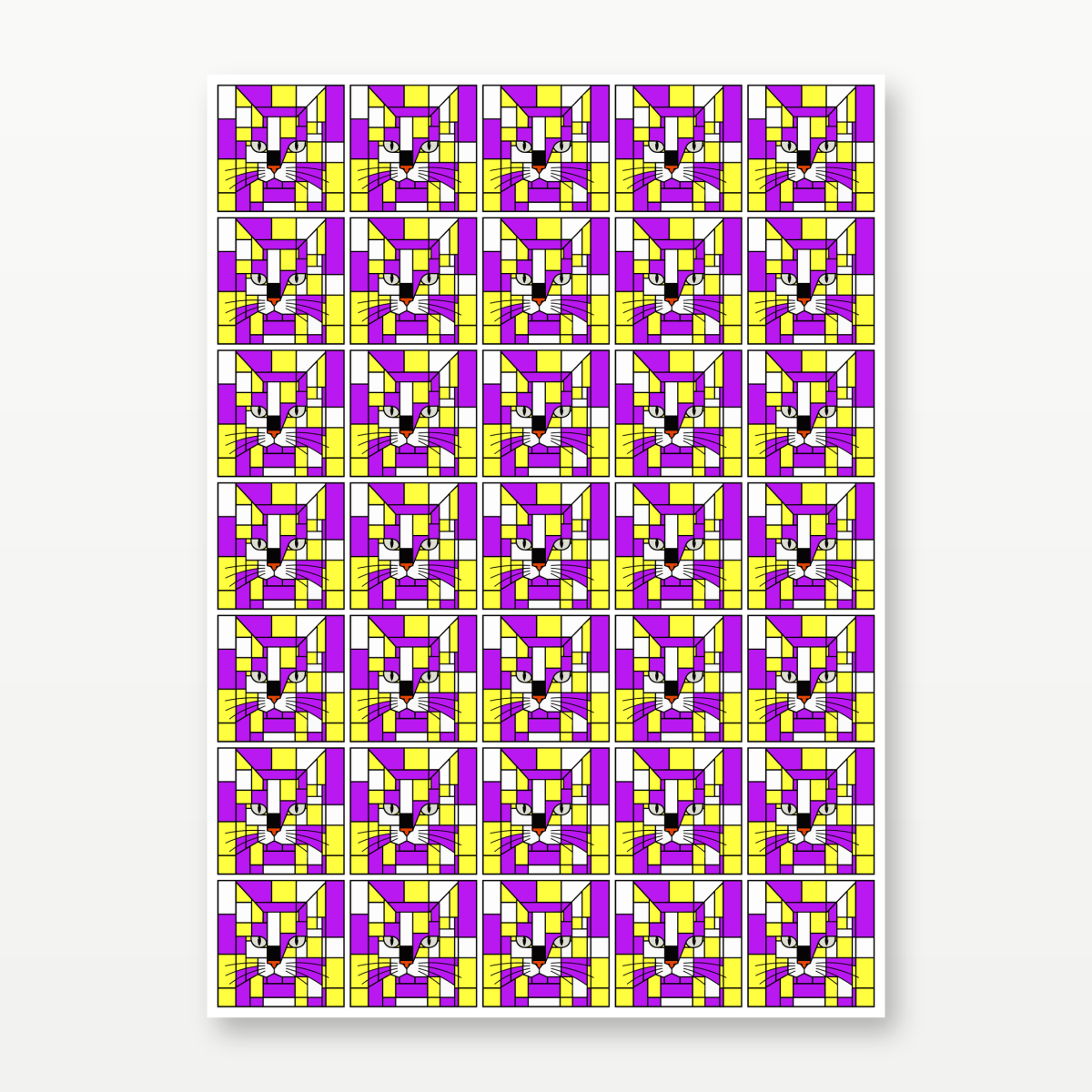 35 cat stickers a repeating geometric pattern of cat faces in black, white, yellow, and purple, shown against a light gray background.
