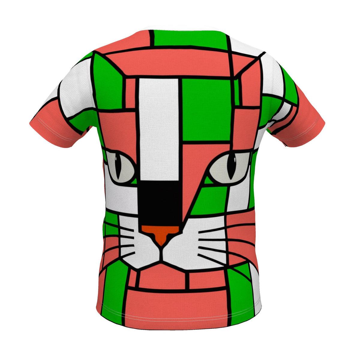 A short-sleeve crewneck t-shirt featuring a colorful, geometric cat face design in a stained-glass style. The pattern uses red, green, white, black, and orange blocks with black outlines, shown on a solid white background.