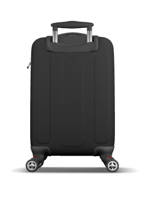 A black hard-shell spinner suitcase with an extended telescoping handle and four wheels, shown from the front on a white background.