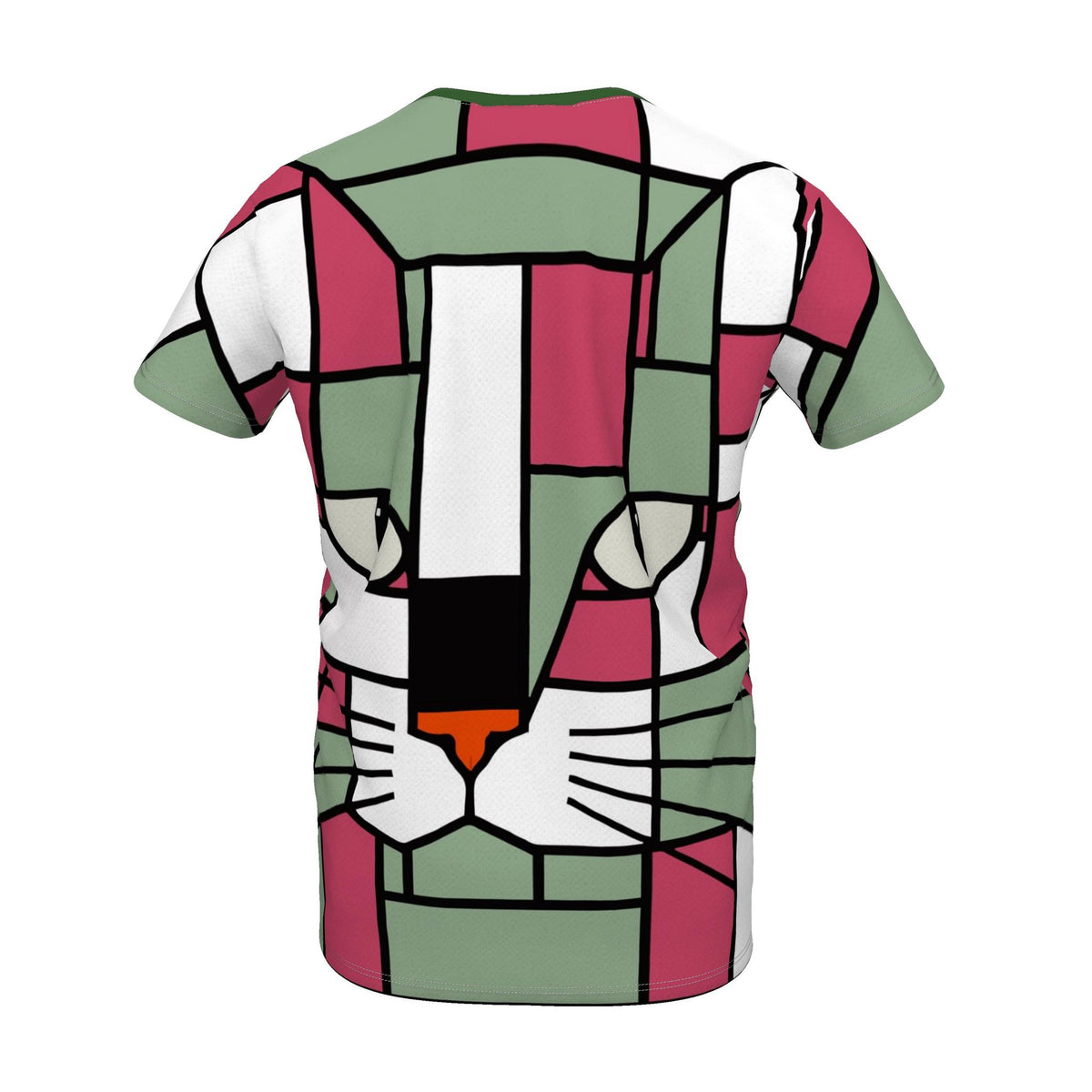 A short-sleeve crewneck t-shirt featuring a geometric, stained-glass style cat face design in pink, sage green, white, black, and orange, shown against a plain white background.