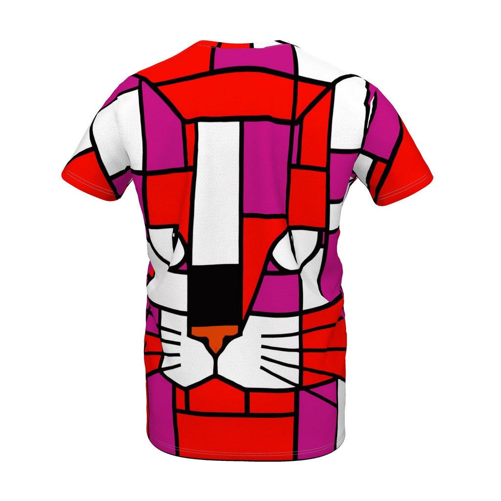 A short-sleeve crewneck t-shirt featuring a bold, geometric, stained-glass style graphic of a cat's face in red, magenta, white, and black.