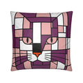 A square throw pillow featuring a stylized, geometric cat face design in shades of purple, pink, white, black, and orange on a white background.