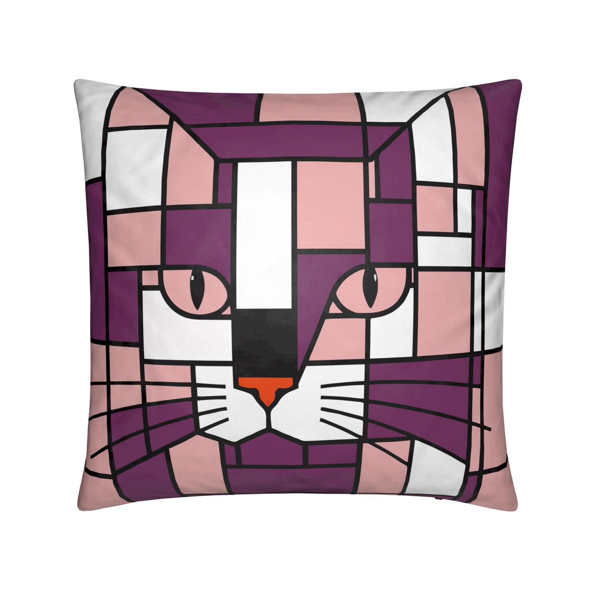 A square throw pillow featuring a stylized, geometric cat face design in shades of purple, pink, white, black, and orange on a white background.