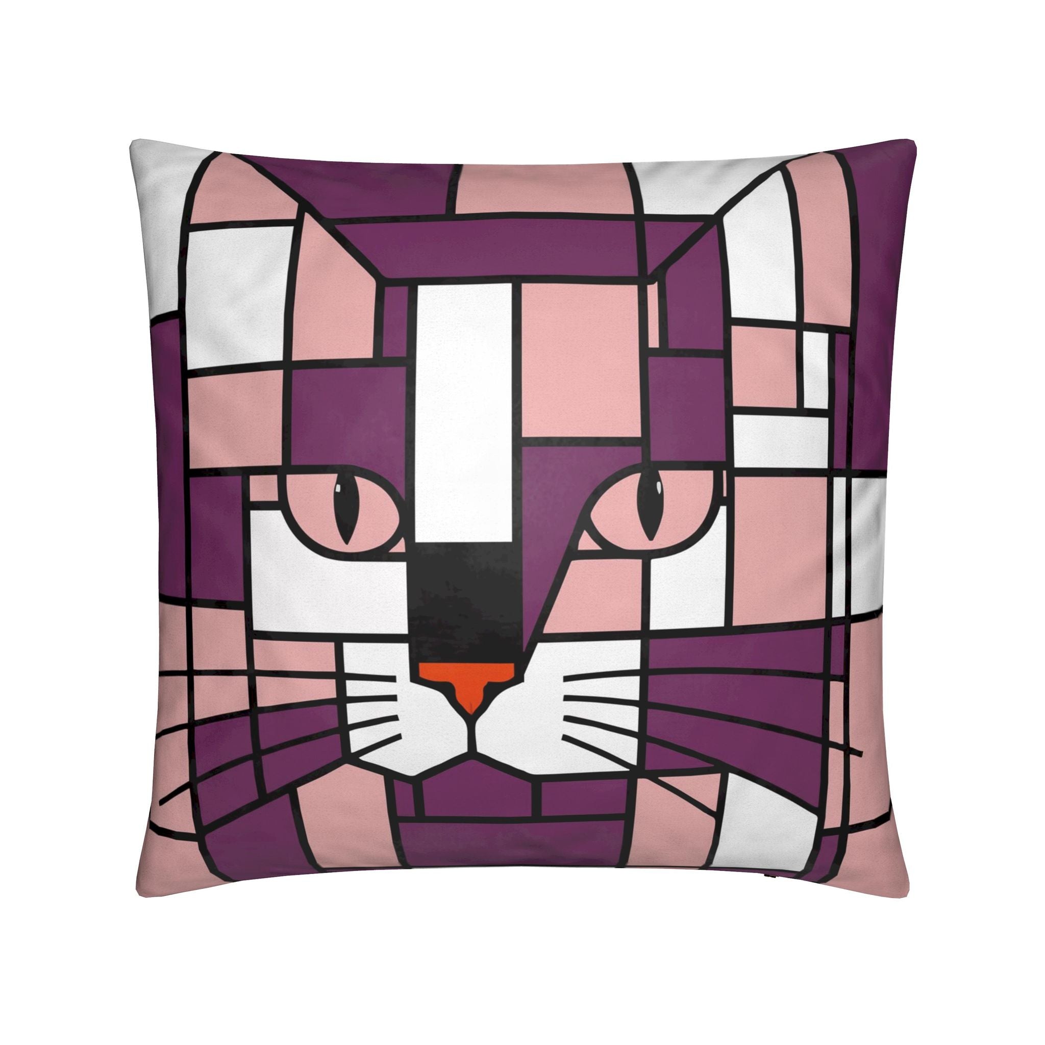 A square throw pillow featuring a stylized, geometric cat face design in shades of purple, pink, white, black, and orange on a white background.