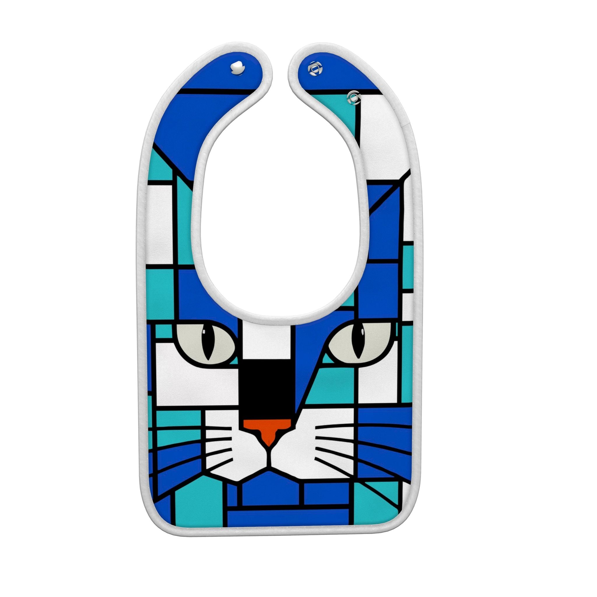 A baby bib featuring a stylized cat face in a geometric, stained-glass-like pattern of blue, teal, white, black, and sea blue, shown on a plain white background.