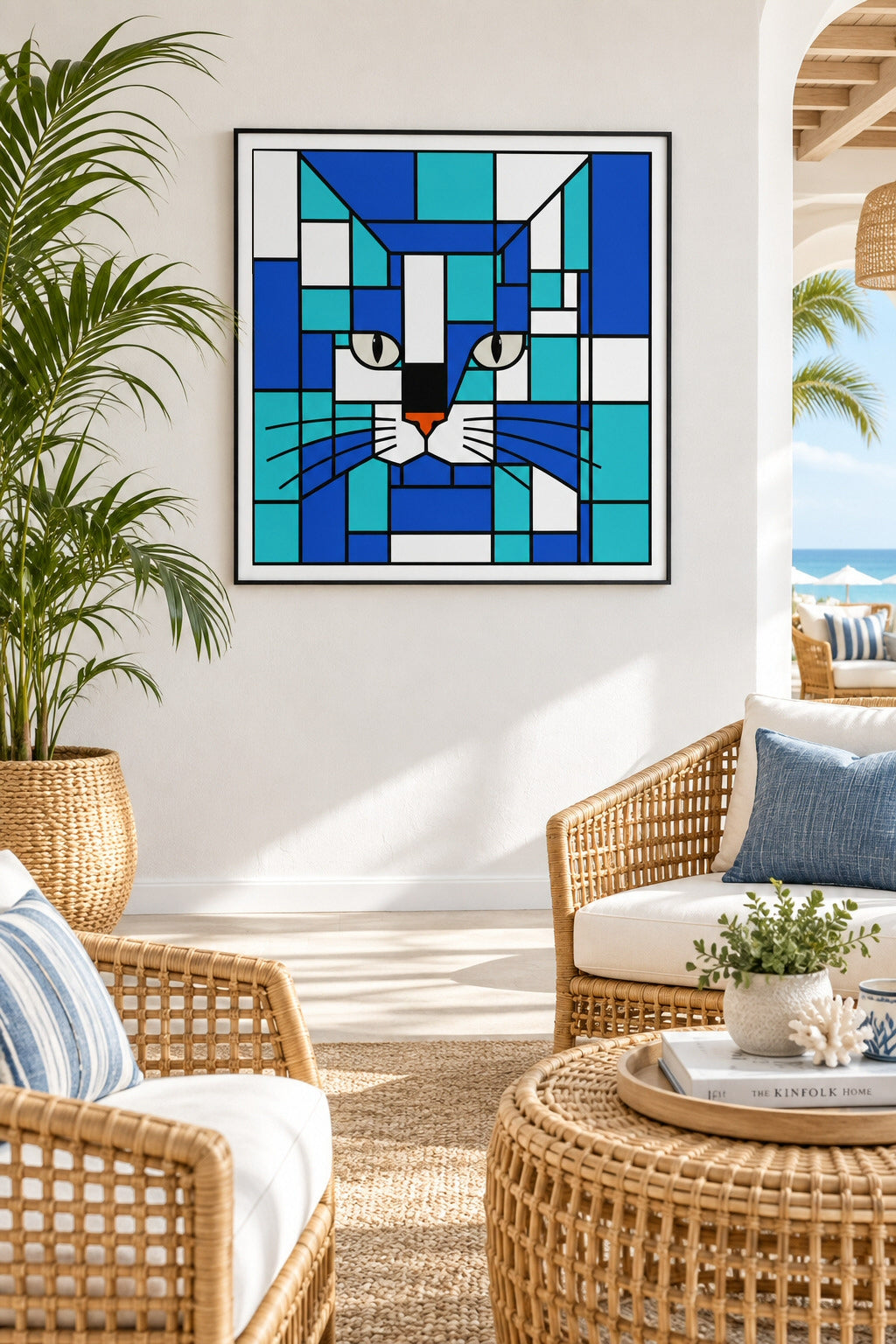 A framed square wall art print featuring a skismic cat face in shades of blue, teal, white, and black, hanging on a white wall in a bright coastal living room with wicker furniture and a plant.