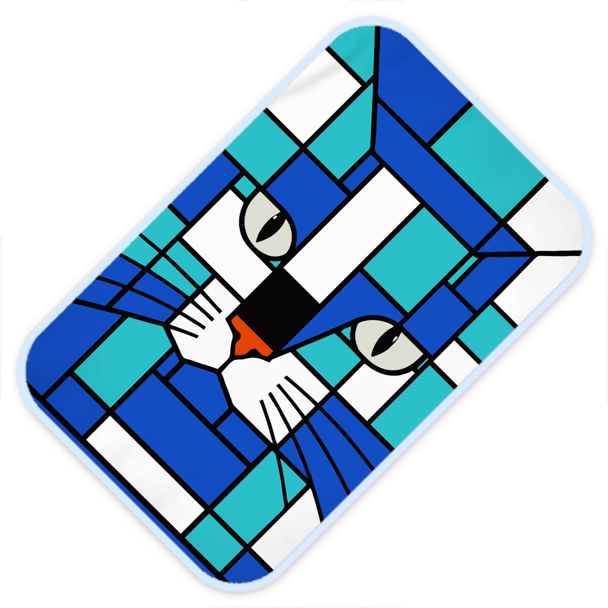 A rectangular mat with rounded corners featuring a colorful mosaic cat face design in shades of blues and turquoise  shown on a plain white background.