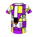A short-sleeve crewneck t-shirt featuring a colorful, geometric cat face design in a stained-glass art style. The design uses purple, yellow, white, black, and orange blocks, with purple and yellow being the most prominent colors.