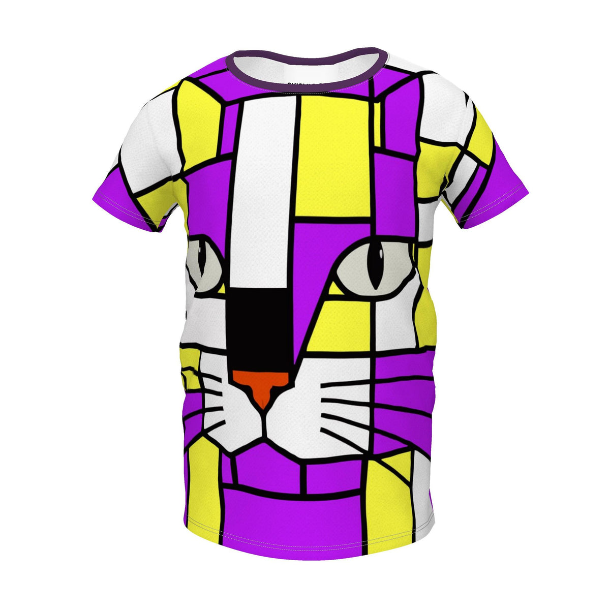 A short-sleeve crewneck t-shirt featuring a colorful, geometric cat face design in a stained-glass art style. The design uses purple, yellow, white, black, and orange blocks, with purple and yellow being the most prominent colors.