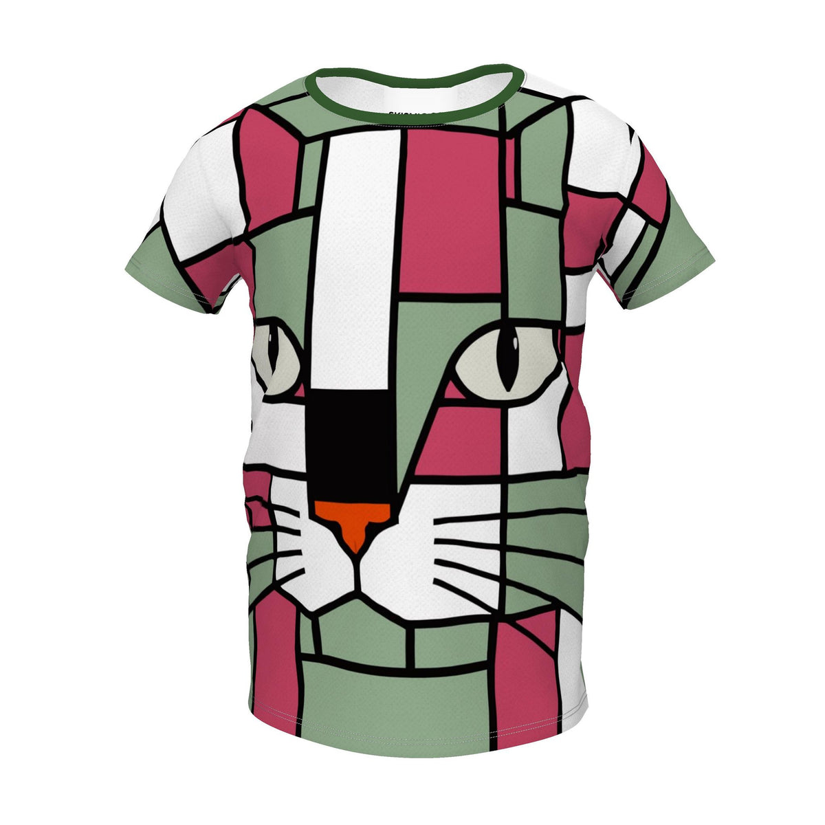 A short-sleeve crewneck t-shirt featuring a stylized, geometric cat face design in shades of pink, sage green, white, black, and orange, displayed on a solid white background.