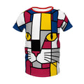 A short-sleeve crewneck t-shirt featuring a colorful, geometric cat face design in a stained-glass art style. The design uses blocks of white, magenta, blue, yellow, gray, and black, with the cat's eyes highlighted in bright yellow.