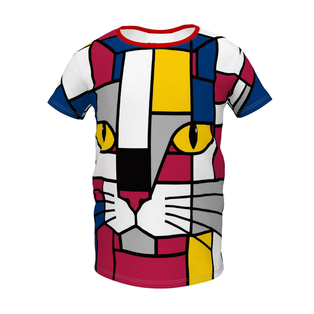 A short-sleeve crewneck t-shirt featuring a colorful, geometric cat face design in a stained-glass art style. The design uses blocks of white, magenta, blue, yellow, gray, and black, with the cat's eyes highlighted in bright yellow.