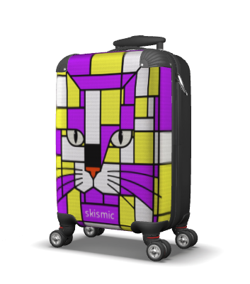 A hard-shell kids  suitcase with a colorful geometric cat face print in purple, yellow, white, and black, featuring four spinner wheels and the brand name 'skismic' near the bottom.
