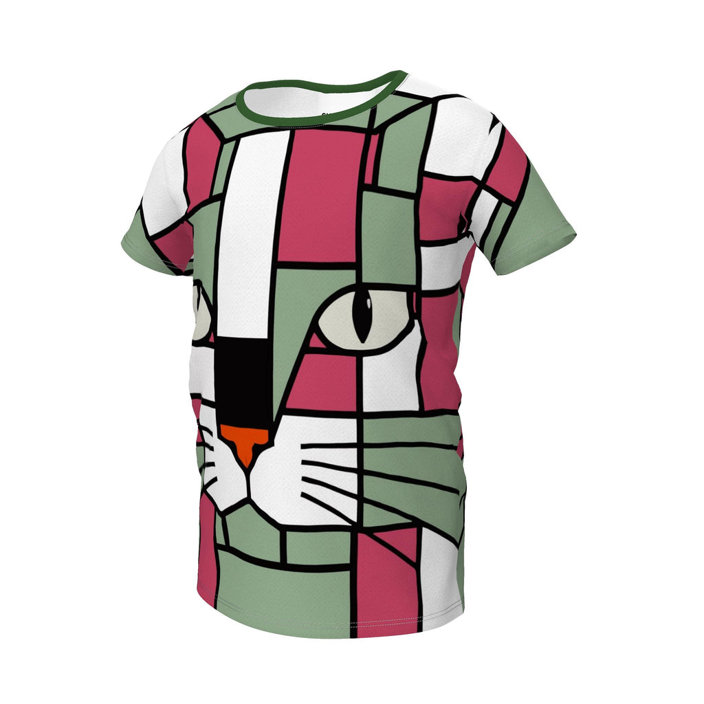 A short-sleeve crewneck t-shirt featuring a stylized, geometric cat face design in a block pattern with pink, sage green, white, black, and orange details.