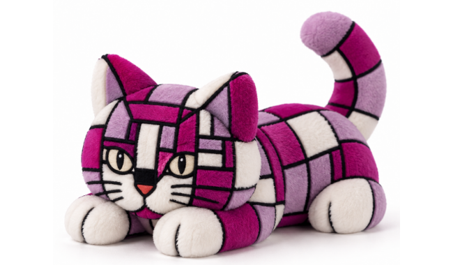 A cuddly plush cat toy with a geometric, stained-glass-like pattern in shades of magenta, purple, pink, and white, set against a plain white background.