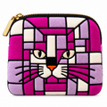 A small zip-around kids wallet, purse, portamonete with a plush texture featuring a stylized cat face in a stained-glass pattern of pink, purple, and white, with a gold zipper and pull.
