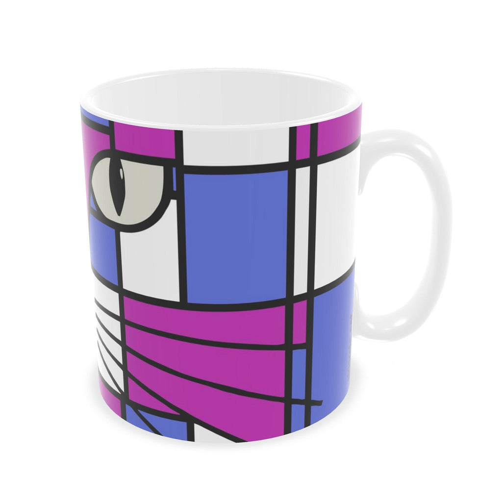 A builders large ceramic mug featuring a stylized, geometric cat face design in a Mondrian-inspired style with purple, blue, white, and black blocks.