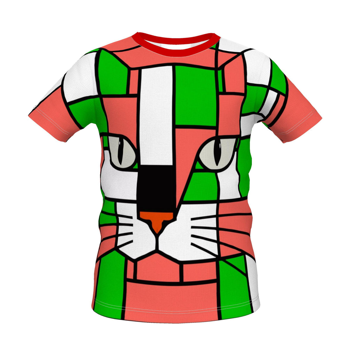 A short-sleeve crewneck t-shirt featuring a bold, geometric, stained-glass style cat face print in red, green, white, black, and orange, shown against a plain white background.