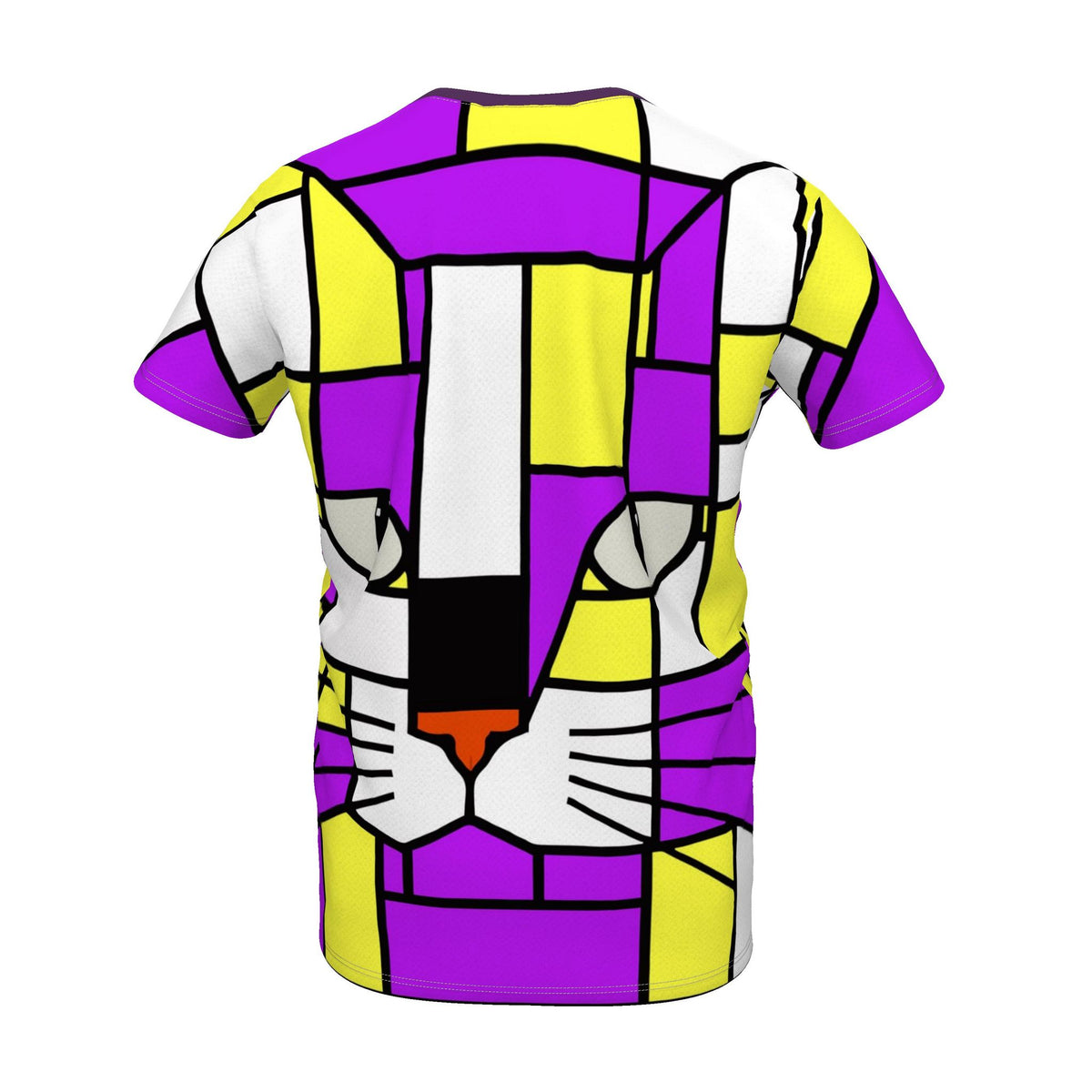 A short-sleeve crewneck t-shirt featuring a bold, geometric, stained-glass-style animal face print in purple, yellow, white, black, and orange, shown against a plain white background.