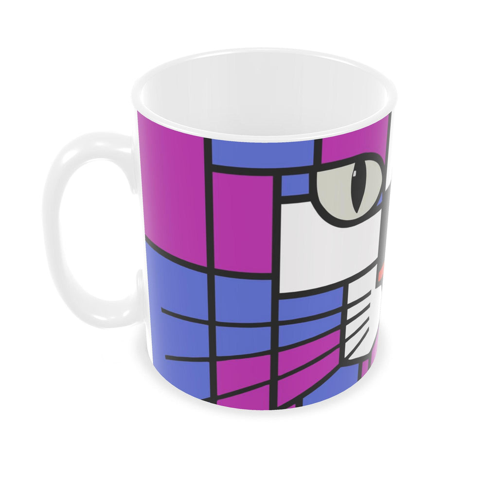 A white ceramic mug featuring a geometric cat face design in shades of purple, blue, and white with black outlines.
