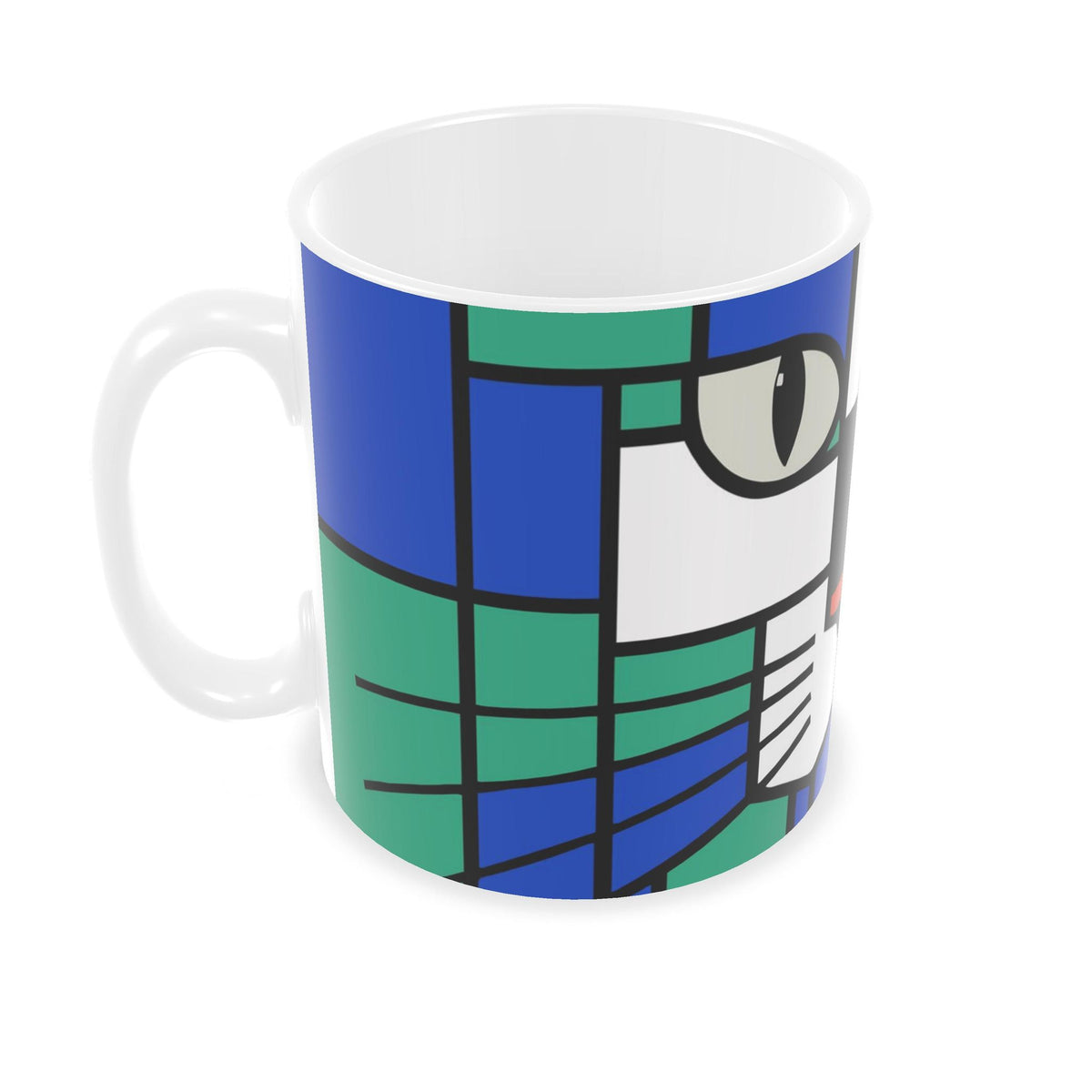 A white ceramic mug featuring a stylized, geometric cat face design in blue, green, and white with black outlines, shown on a plain white background.