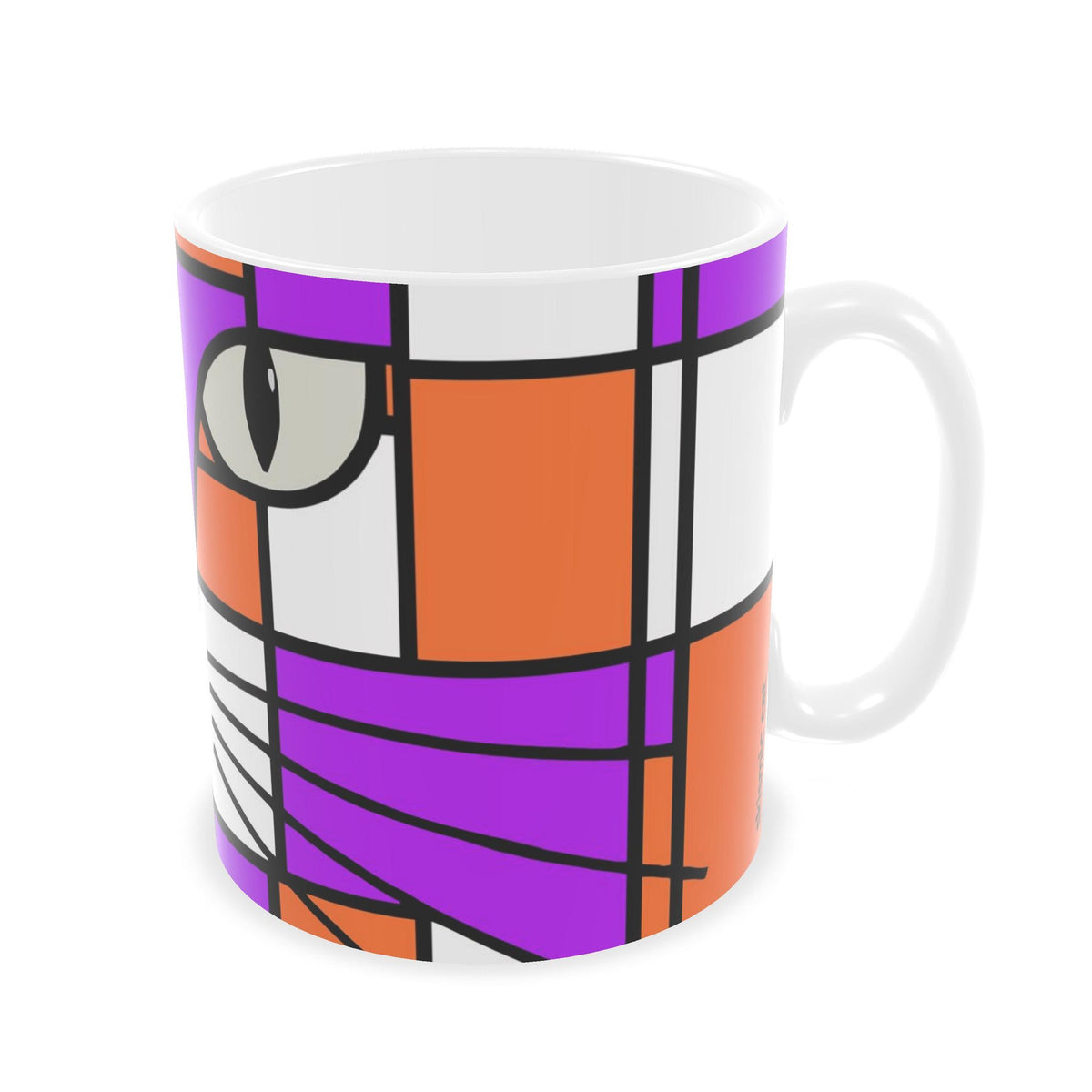 A colourful ceramic mug featuring a colorful abstract cat face design in a Mondrian-style geometric pattern with purple, orange, and white blocks outlined in black.