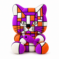 A stylized cat-shaped plush cushion featuring a geometric stained-glass pattern in purple, orange, and white, holding a small matching purple fish toy, set against a plain white background.