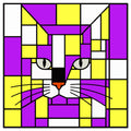 square stickers geometric cat face artwork made of purple, yellow, white, black, and small orange details, presented on a white background with a thin black border.