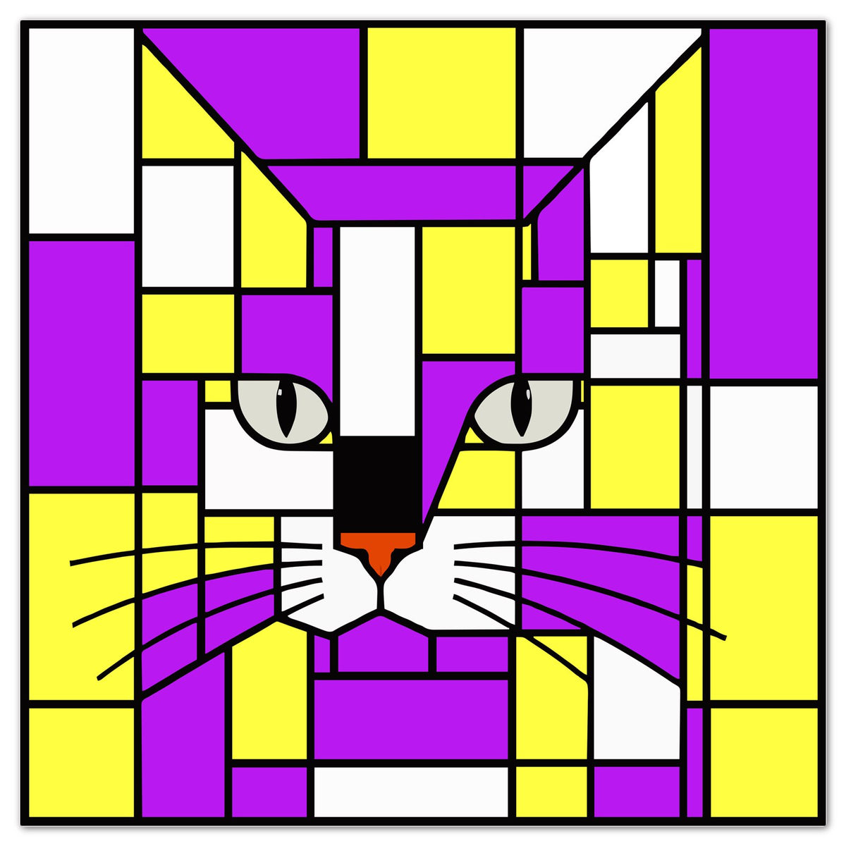 square stickers geometric cat face artwork made of purple, yellow, white, black, and small orange details, presented on a white background with a thin black border.